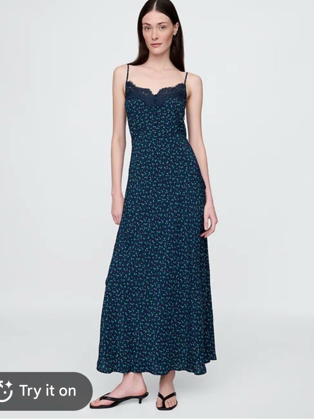 Gap Crepe Lace Trim Sweetheart Maxi Dress Sundress Sz L Navy Ditsy Floral